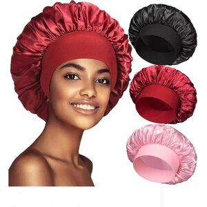 Satin Sleep Bonnet, Large Size, 3-Pack, Black Red Pink